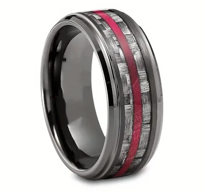 Men's 8mm Tungsten Gunmetal Red Strip Comfort-Fit Engagement Wedding Band - Image 1 of 4