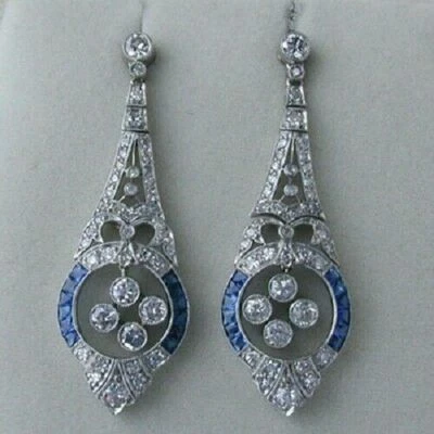 Art Deco Bezel Set Earrings Sapphire Round Zircon 14K white Gold FN 925 Silver - Image 1 of 4