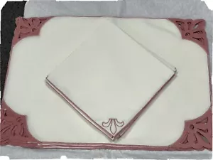 NEW-Linen Cutwork 7 Pc. Placemat & Napkin Set Cream/Mauve Vintage - Picture 1 of 3