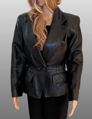 CHAQUETA DE DISEÑADOR EMANUEL UNGARO CUERO NEGRO CON BOLSILLOS ACOLCHADOS TALLA 6/40 Foto 1 de 4