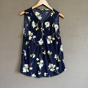 Ellen Tracy Botanical Navy Blue Sleeveless Top Large Shirt Blouse Zipper - Picture 1 of 7