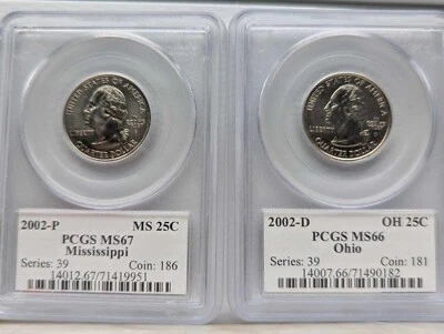 2002-P Mississippi Quarter PCGS MS67 and 2002-D Ohio Quarter PCGS MS66 - Image 1 of 4