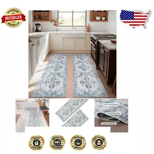 Distressed Blue Runner Rug 3' x 10' - Vintage Style for Kitchen & Bathroom - Picture 1 of 10