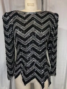 Vintage 80s Black and Silver Sequin Beaded Blouse - Picture 1 of 5