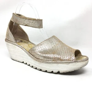 Fly London Yake Sandals Shoes Womens Size 9-9.5 US 40 EU Gold Leather Strappy - Picture 1 of 9