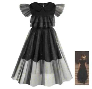 Kids Wednesday Family Cosplay Costume Addams Printing Lace Dress Wig Girls - Picture 1 of 7