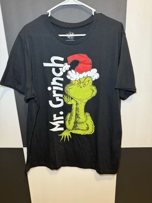 Official Dr. Seuss The Grinch T-Shirt Black Unisex Santa Hat Christmas size Lg - Image 1 of 4