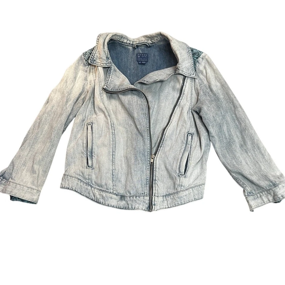 Chaqueta de moto Guess vintage para mujer L azul denim suave grunge cremallera asimétrica Foto 1 de 4