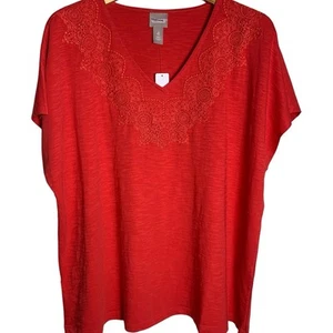 Chico's Top Women's Size 4 Floral Lace Red Hot Knit Short Sleeve V-Neck Tee NWT - Picture 1 of 6