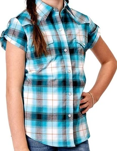 Roper Western Shirt Girls Plaid S/S Snap Turquoise 03-081-0278-2111 BU - Picture 1 of 2