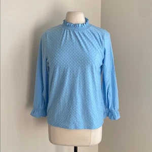 J. CREW Ruffle Neck Shirt Womens Sz Small Blue Swiss Dot Long Sleeve Coquette - Picture 1 of 6