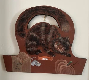 Vintage 2-Sided Hand Painted Wood Kitty Cat Mouse Fall Halloween Wall Decor - Picture 1 of 6