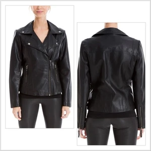 Grunge Moto Jacket Women’s MAX STUDIO Black Biker Rock Chic Faux Leather Sz M - Picture 1 of 13