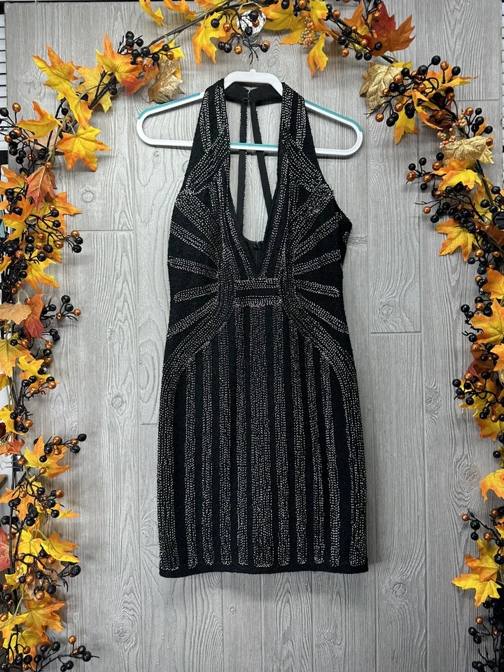 VESTIDO SEXY WOW COUTURE ETIQUETA DORADA FUNDA CON CUENTAS PLATEADA Pesado Grueso Mediano NEGRO Foto 1 de 4