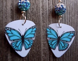 Aqua Blue Butterfly Guitar Pick Earrings with Blue Ombre Pave Beads - Picture 1 of 4