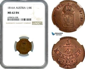 AK195, Austria, Franz II, 1/4 Kreuzer 1816 A, Vienna Mint, NGC MS62BN - Picture 1 of 1