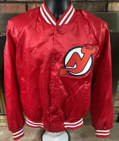 Vintage New Jersey Devils NHL Hockey Satin Snap Varsity Jacket Mens Size Large Cover