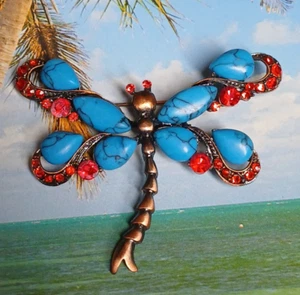 Broche Drangonfly Imitación Turquesa y Estrás Rojo Tono Cobre Diseñador Alilang - Imagen 1 de 8