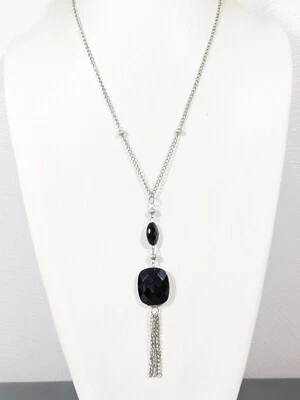 银色黑色多面矩形吊坠链流苏条纹项链 22 英寸 — 第 1/4 张图片