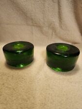 Vintage Blenko Glass MCM Candle Holders Green Round Puck Paper Weight
