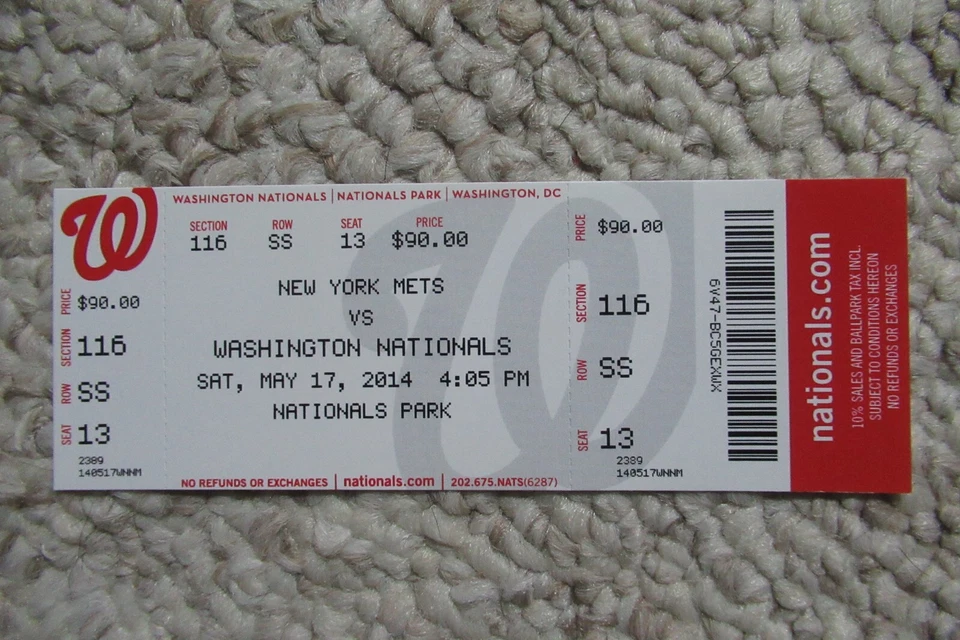 WASHINGTON NATIONALS VS METS 5/17/2014 FULL TICKET ~ LAGARES/DESMOND HRs - Image 1 of 1