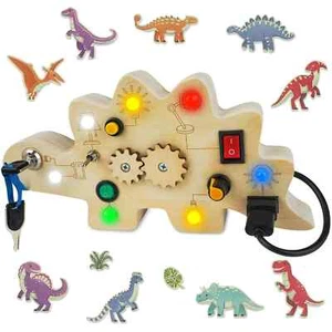Dinosaur Toddler busy board Dino Montessory toys for baby wooden LED light SHELF - Picture 1 of 3