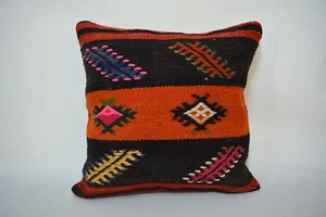 Traditional Hand Knotted Kilim Pillow, 16x16in, Antique Multicolor Retro Pillow - Picture 1 of 7