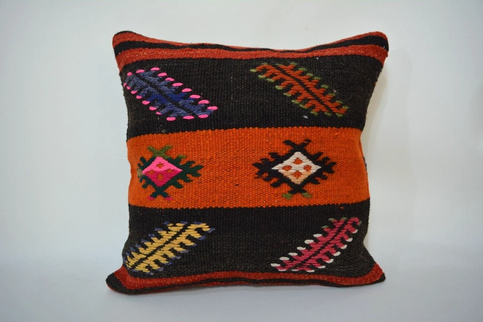 Traditional Hand Knotted Kilim Pillow, 16x16in, Antique Multicolor Retro Pillow - Image 1 of 4