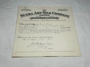 1928 Nuera Art Silk Company Limited Share Certificate Vintage 10 Shares - Picture 1 of 3