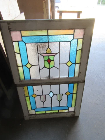 ~ ANTIQUE STAINED GLASS WINDOWS ~ TOP AND BOTTOM SET ~ ARCHITECTURAL SALVAGE Cover