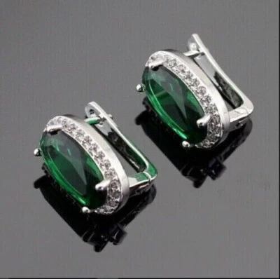 3.50Ct Oval Cut Simulated Green Emerald Halo Stud Earrings 14K White Gold Over - Image 1 of 4
