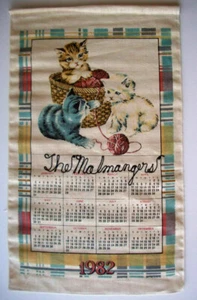 1980's 1982 Calendar kitchen towel Kitten cats in basket playing w yarn - Picture 1 of 1