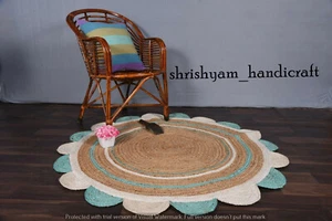 Geflochtener gewellter Jute Teppich, Jakobsmuschel rund Handarbeit schöner Wohndeko Teppich - Bild 1 von 6