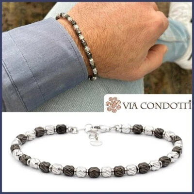 Bracciale uomo Argento 925  braccialetto pepite bianco e nero titanio regolabile - Immagine 1 di 4