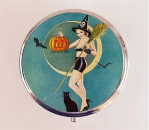 Art Deco Witch Pill Box Case Pillbox Holder Trinket Stash Retro Halloween - Picture 1 of 3