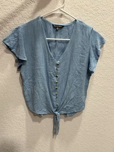 Style Envy Knot Tie Front Button Down Shirt Dusty Blue Short Flutter Sleeves M - Picture 1 of 7