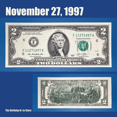 November 27, 1997 Birthday Anniversary $2 Two Dollar Bill Serial Number 11271997 - Image 1 of 2