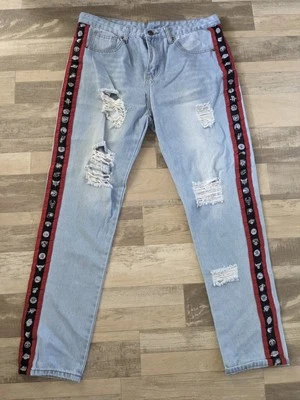 Pantalones de mezclilla con logotipo del equipo de la NBA para hombre talla 38x32 baloncesto Lakers-Toros-Heat-Knicks Fan Foto 1 de 4