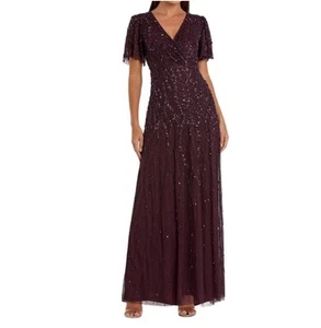 Abito formale Mac Duggal viola 35109 manica svolazzante paillettes perline taglia 16 - Foto 1 di 10