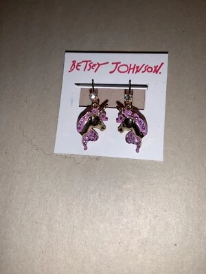 Betsey Johnson Gold Tone & Pink Unicorn Dangly Earrings Crystal Accents NWT $28 - Image 1 of 4