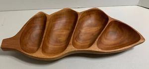 Hand Carved Wooden Leaf Divided Serving Dish tray Kamani Wood Hawaii Tiki 17” - Picture 1 of 4