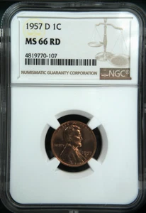 :1957-D 1C LINCOLN CENT NEAR SUPERB NGC MS66RD NATURAL RED HIGHEST-GRADES - Picture 1 of 2