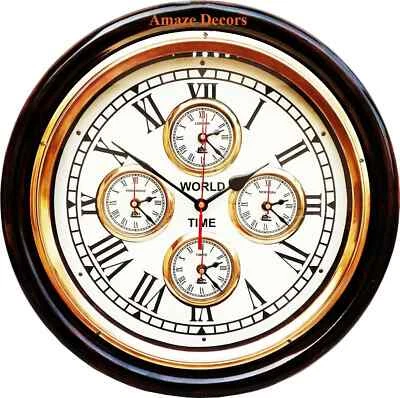 Antique Style Brass Wooden Vintage Nautical Home Décor Wall Clock World Time - Image 1 of 3