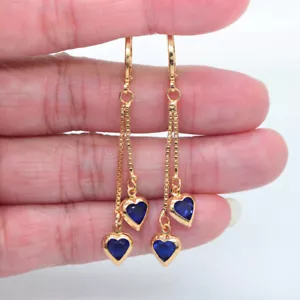 18K Yellow Gold Filled Women Fashion Blue Mystic Topaz Heart Tassel Earrings - Picture 1 of 8