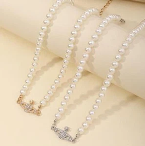 2022 NEW Saturn Planet orb crown pearl choker necklace pearl rhinestone orb - Picture 1 of 9