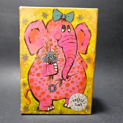 复古 1970 年代迷你拼图粉色大象 Kitschy 5x7 缺少 1 件 — 第 1/4 张图片