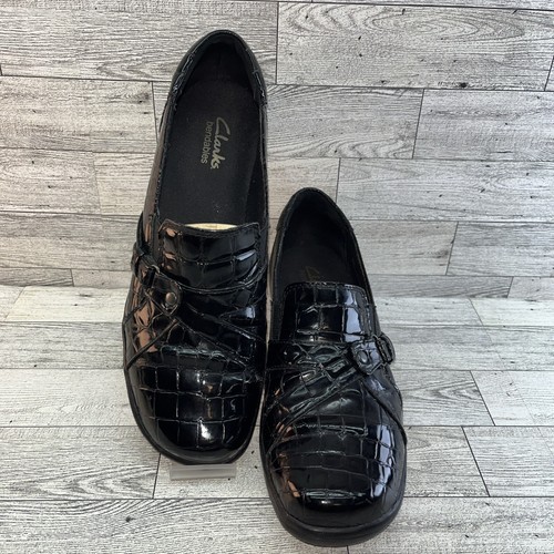 Mocassino Clarks Bendables donna 62990 taglia 9M nero slip on stampa coccodrillo zeppa