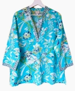 ✩Lovely *EAST ARTISAN with ANOKHI* Turquoise Hand Block Print Tunic Top 18✩ - Picture 1 of 7