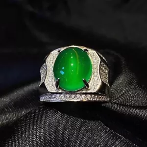 Antique Oval Cut Natural Green Jade Unisex Wedding Ring Sterling Silver 925 - Picture 1 of 3