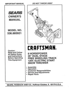 Owner’s Manual Sears Craftsman 8.0 HP 26” Snow Thrower/Blower - Model 536.885921 - Picture 1 of 4
